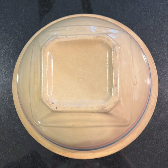 Antique (1930s) McCoy Yellow Ware Stoneware Bowl with Blue & Pink Stripes - Picture 9 of 14